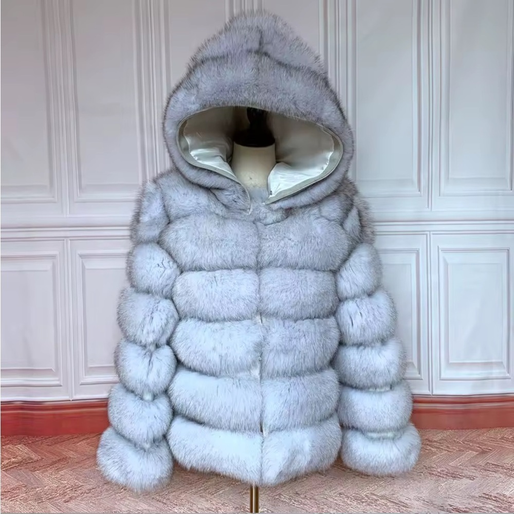 Luxurious real Fur Hooded Jacket - white/gray silver fox